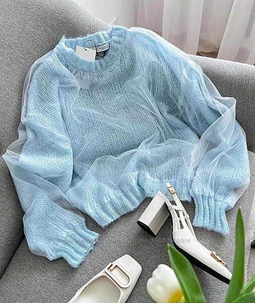 Легкий ажурний светр zara / блакитний