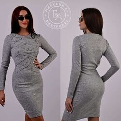 Теплe плаття міді з ремінцями / сірий люрекс
