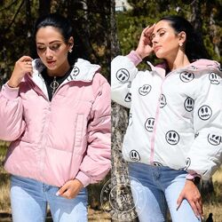 Двохстороння жіноча куртка смайлик / рожева-біла