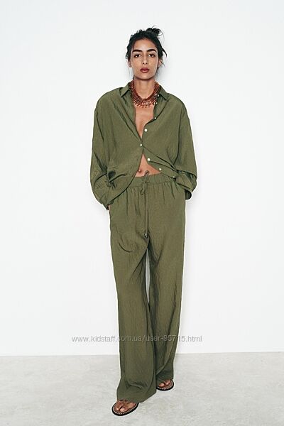 Легкий костюм Zara в піжамному стилі, сорочка і штани - XS, S, M хакі