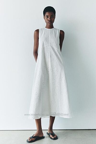 Біла бавовняна сукня міді з прошви Zara - XS, S