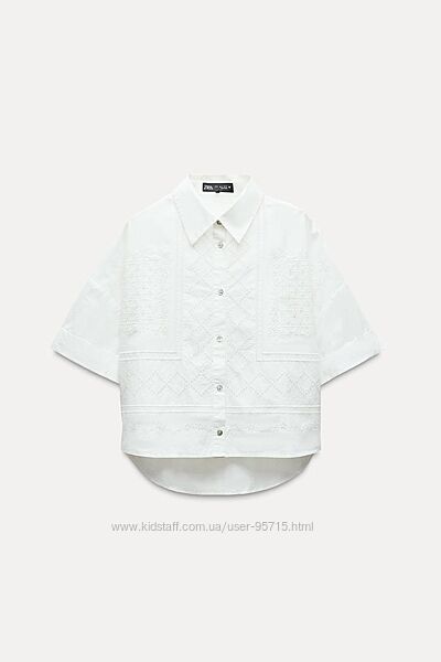Біла сорочка з попліну з вишивкою, прошва Zara - XS, S, M