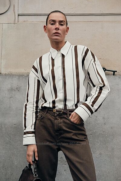 Поплінова сорочка в коричневу смужку Zara - XS, S, M, L, XL