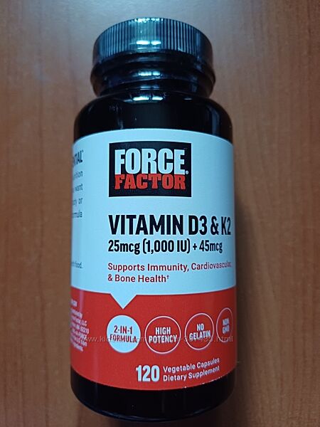 Нові Force Factor, вітаміни D3 і K2, 120 рослинних капсул
