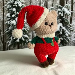Плюшевий різдвяний ведмедик. Іграшка ручної роботи. 