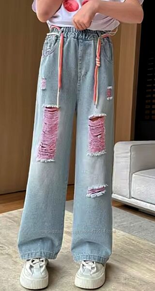 Джинсы стильные, широкие с розовыми вставками, рванные 146-158р на резинке