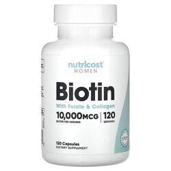 Nutricost биотин с фолатом и коллагеном для женщин. 10 000 мкг, 120 капсул