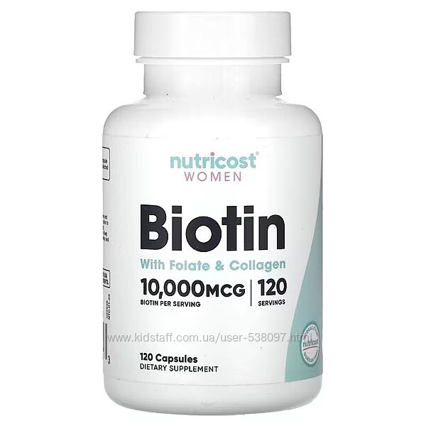 Nutricost биотин с фолатом и коллагеном для женщин. 10 000 мкг, 120 капсул