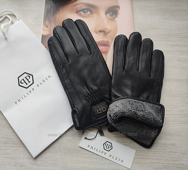 Чоловічі шкіряні рукавички Philipp Plein підкладка махра 