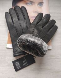 Чоловічі шкіряні рукавички з оленячої шкіри, підкладка хутро