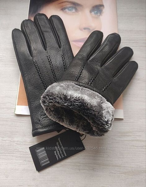 Чоловічі шкіряні рукавички з оленячої шкіри, підкладка хутро
