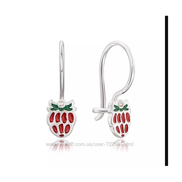 Дитячі сережки серьги з білого срібла з емаллю Полунички Клубнички серебро