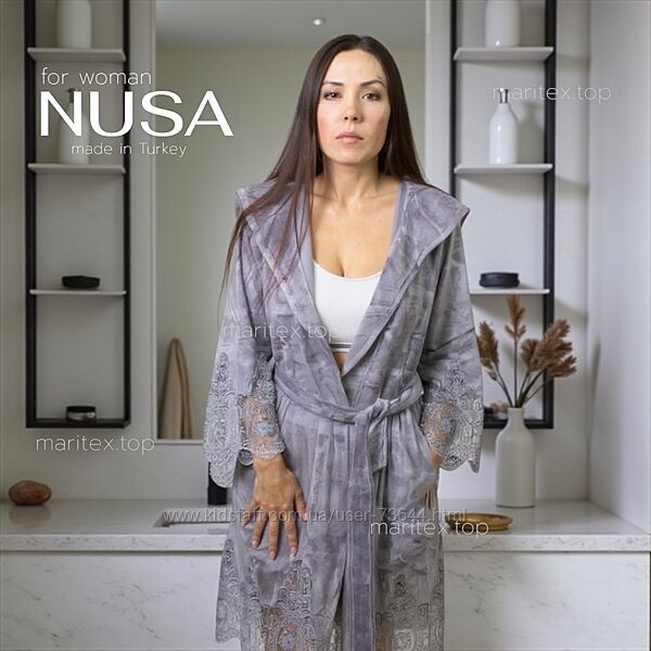 Жіночий халат з мереживом. Велюр. Розмір S, M, L / XL Nusa Туреччина