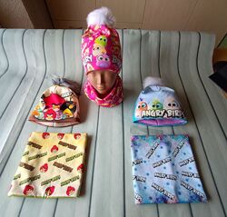 Шапка Angry birds, шапка с флисом 49-53 ОГ и хомут на флисе 