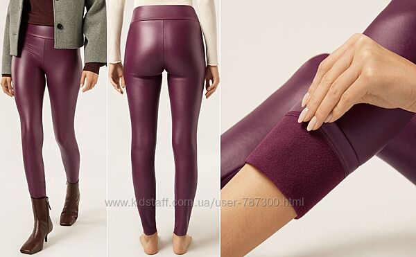 Calzedonia Леггинсы термо с широким поясом с эффектом кожи бордо