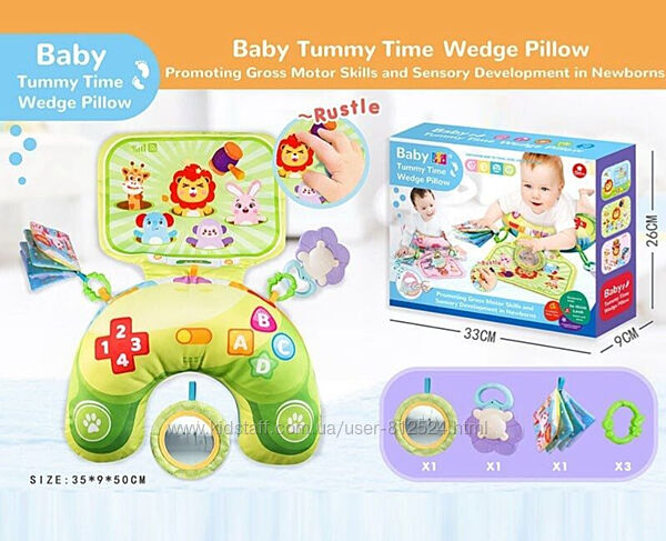 Розвивальна подушка 712 шелесткі елементи, брязкальце, люстерко, книжечка