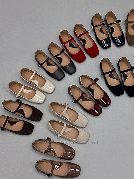 Балетки шкіряні, лакові та замшеві з квадратним носком та ремінцем