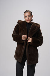Еко шуба шоколад з капюшоном коротка під норку