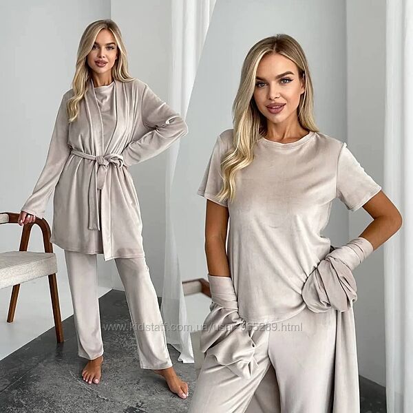 Домашній жіночий велюровий костюм-піжама трійка  різні кольори