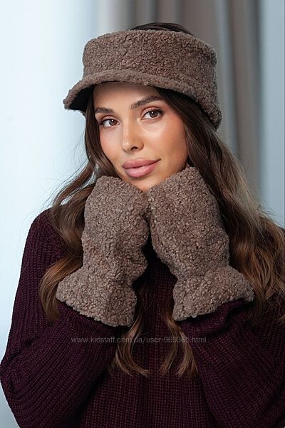 Комплект з еко хутра Тедді Люкс, повязка з козирьком та мітенки