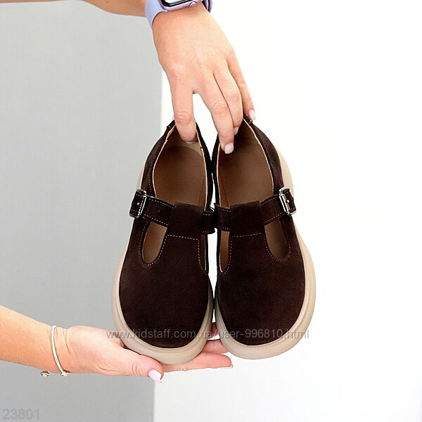 Замшеві демі туфлі на ремінці натуральна замша низький хід колір Шоколад