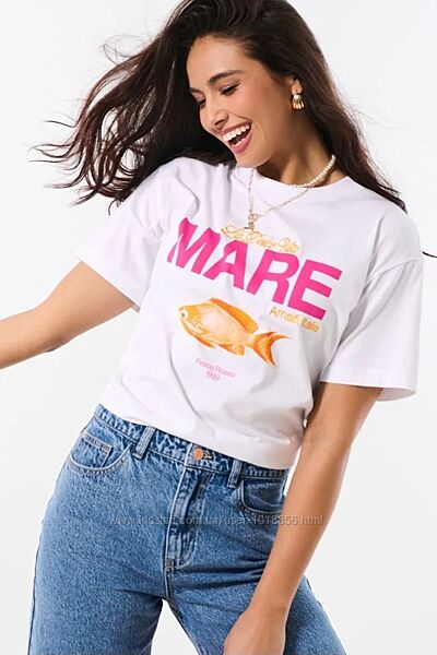 Бавовняна футболка з літнім принтом Sinsay. Розмір М оверсайз