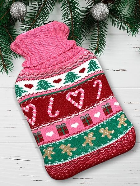 Гумова грілка у вязаному новорічному чохлі, грілка у ліжко. Pepco.