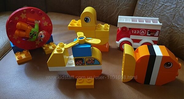 Конструктор лего lego duplo, пожарная машина, рыбка, утка, вертол