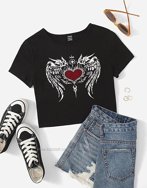 Кроп топ футболка із сердечком, стрази, камінці, серце