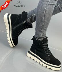 Черевики жіночі ALLSY зимові шкіряні чорні зі шнурівкою і блискавкою