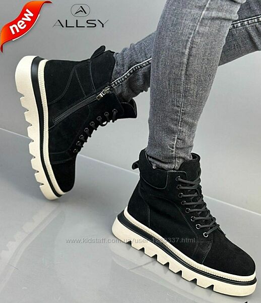 Черевики жіночі ALLSY зимові шкіряні чорні зі шнурівкою і блискавкою 
