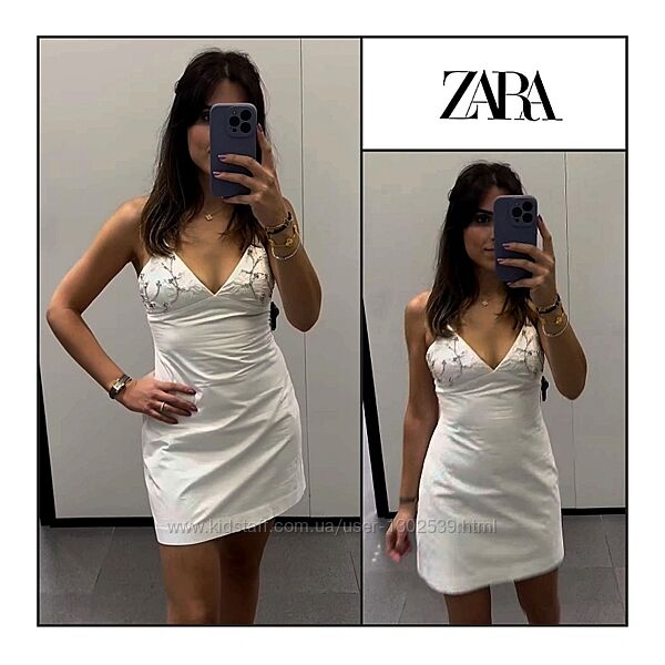 Сукня XS S M Zara з вишивкою стразами легка біла коротка вечірня жіноча