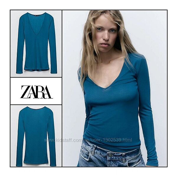Блуза топ XS-S Zara Італія жіноча базова синя зелена трикотажна в рубчик