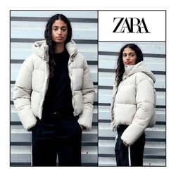 Зимовий термо пуховик S M Zara оверсайз жіночий пуффер молочний екрю куртка