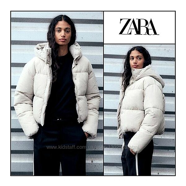 Зимовий термо пуховик S M Zara оверсайз жіночий пуффер молочний екрю куртка