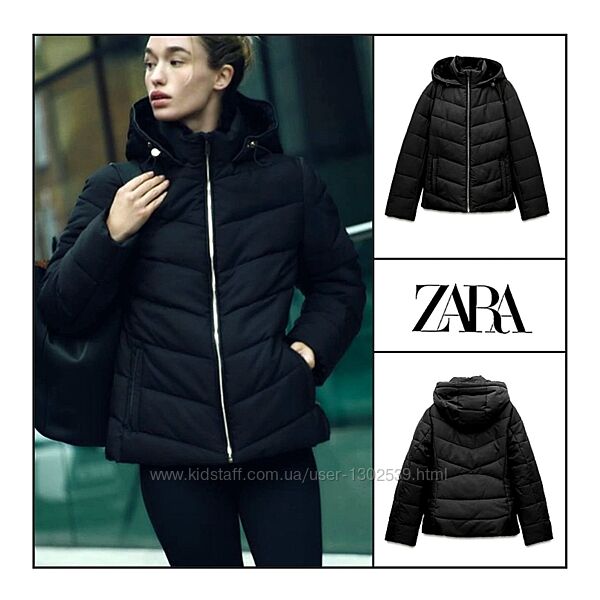 Зимовий теплий термо пуховик XS S Zara пуффер чорний жіночий куртка жіноча