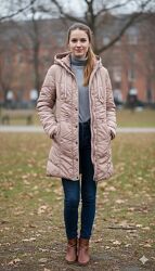 Пальто демисезонное длинное на синтепоне с глубоким капюшоном l