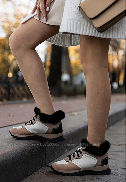 Кроссовки зима женские на меху бежевые кожа замша натуральная 733chb