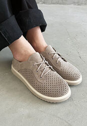 Мокасины туфли летние женские на шнурках замша перфорация бежевые 7079-05