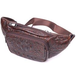 Модна поясна сумка з натуральної шкіри з фактурою під крокодила 212987Коричнева