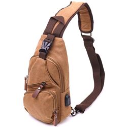Практична чоловіча сумка через плече з USB кабелем текстильна 212227Коричнева