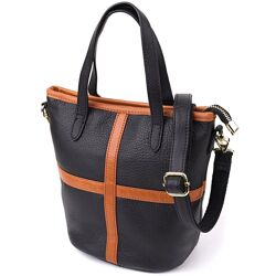 Жіноча шкіряна сумка з коричневою вставкою на лицьовій стороні722997 Чорний