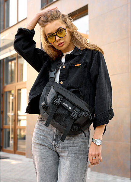 Велика жіноча поясна сумка бананка для планшета чорна