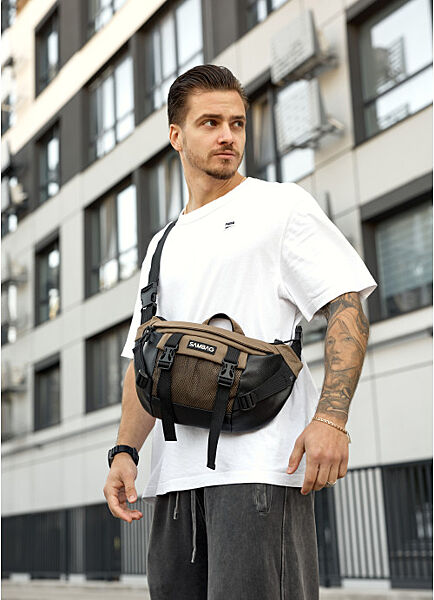 Велика чоловіча поясна сумка бананка для планшета горіх