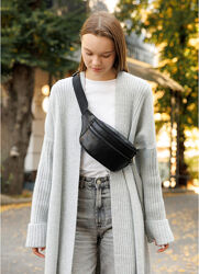 Жіноча сумка на пояс бананка шкіряна чорнa зі шкіряним ремнем