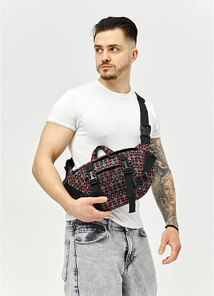 Велика чоловіча поясна сумка бананка чорна тканева принт