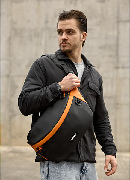 Чоловіча cумка-бананка під ноутбук чорно-оранжева