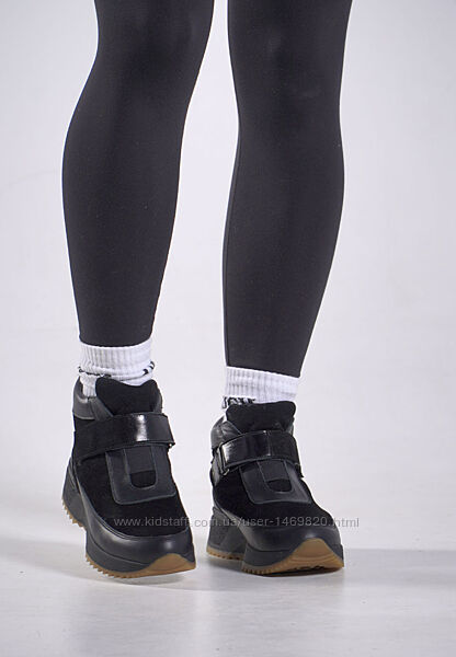 Кроссовки зима женские замша кожа на липучке на меху черные 748ch