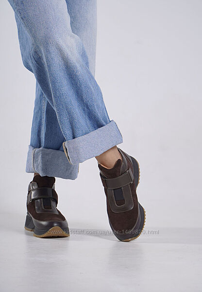 Кроссовки зима женские замша кожа коричневые на липучке на меху 748k