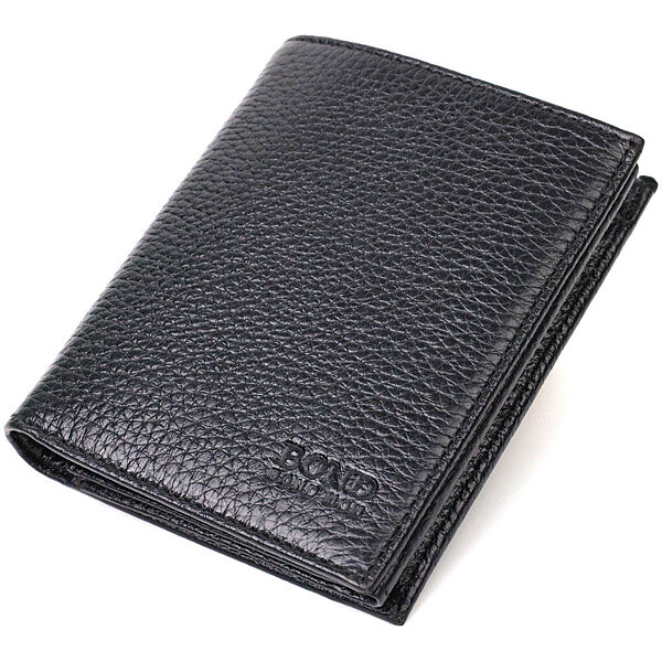 Небольшой мужской бумажник из натуральной зернистой кожи без застежки 721988 Черный